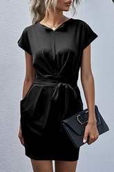 Solid Frenulum Fold O Neck Waist Skirt Dresses